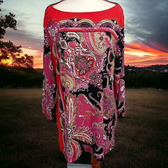 JM Collection Paisley Slinky Tunic L Top Boho Rococo Colorful Baroque Regency - Picture 16 of 16